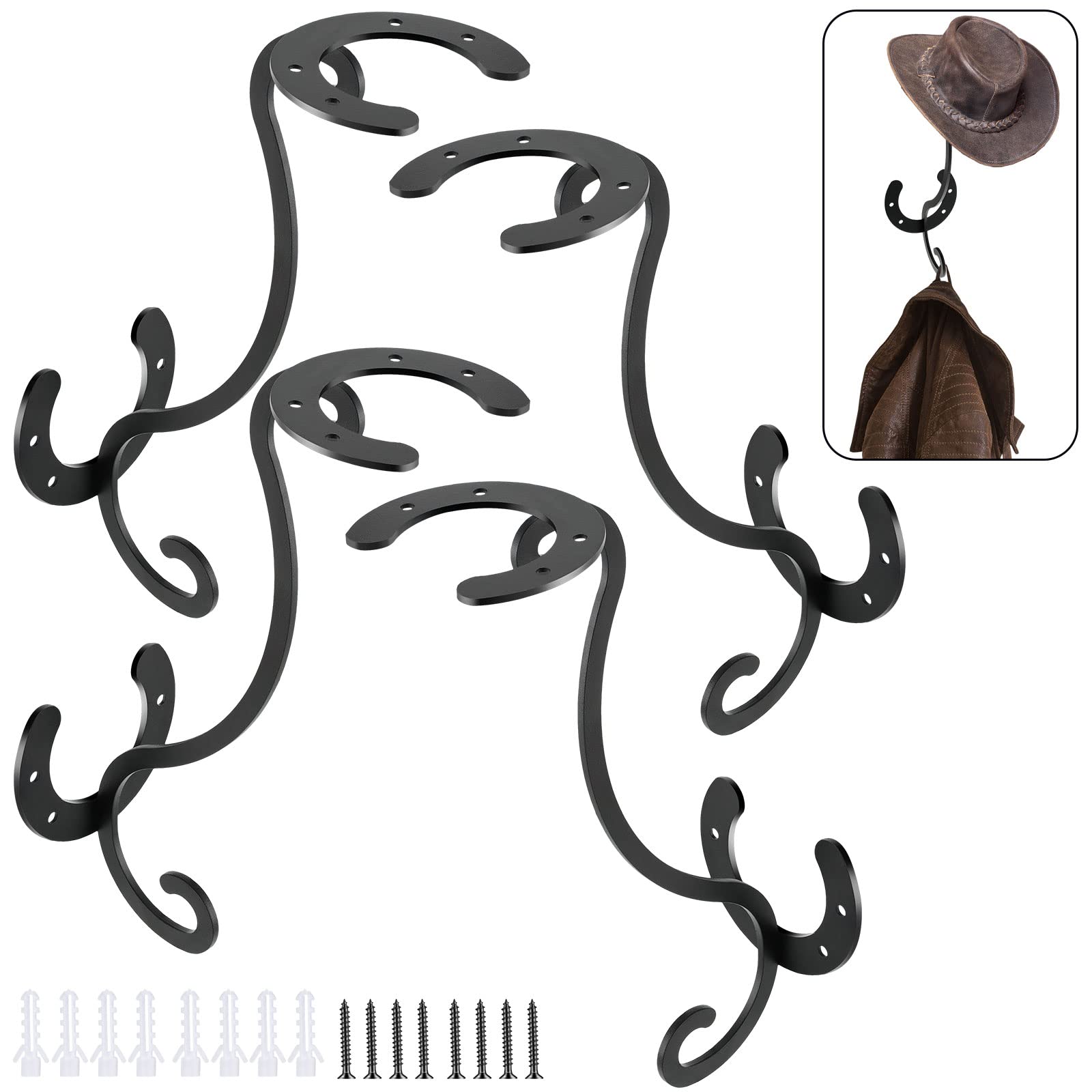 Photo 1 of Qunclay Western Cowboy Hat Rack Hook for Wall Decorative Wall Mounted Hat Holder Metal Iron Horseshoe Hanger Rustic Organizer for Coat Key Door Closet Home Bedroom Storage and Display(4 Pcs)
