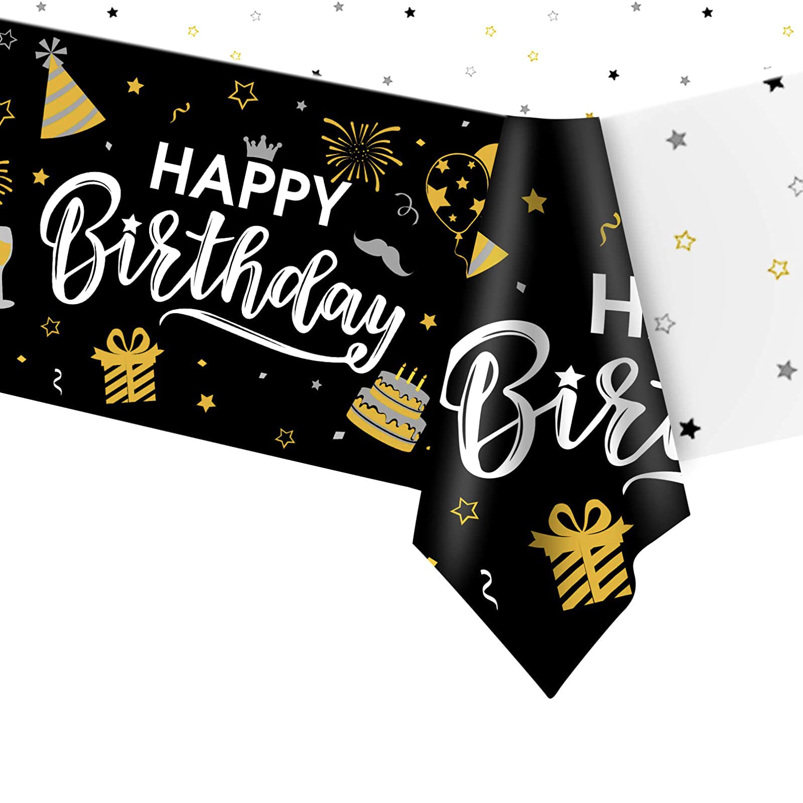 POPOYU Happy Birthday Black Gold Table Cloth Table Cover for Him Her, 137 * 274cm Birthday Rectangular Dining Tablecovers Plastic Tablecloths for Girls Boys Men Women Birthday Party Decorations