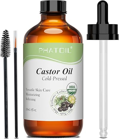 PHATOIL Rizinusöl Bio 118ml - 100% Rein Natürlich Castor Oil USDA Organic - Kaltgepresst - Rizinusöl für Haare, Wimpern, Augenbrauen, Nägel, Bart, Pipetten + Augenbrauen Pinsel + Wimpernbürste