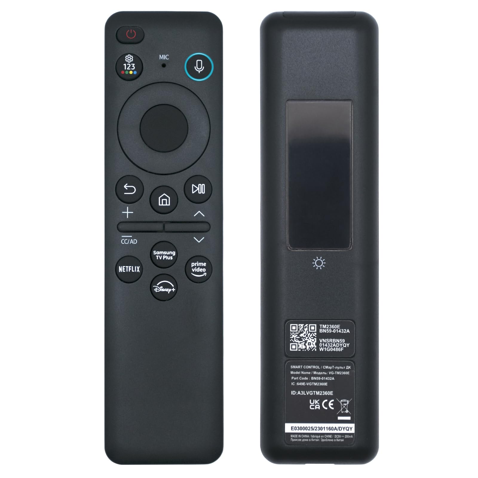 New BN59-01432A TM2360E Solar Voice Remote, USB-C Rechargeable Bluetooth Remote Control with Solar Charging Compatible with Samsung 2023-2024 Neo QLED 8K Smart TVs, HDR Ultra HD - Black
