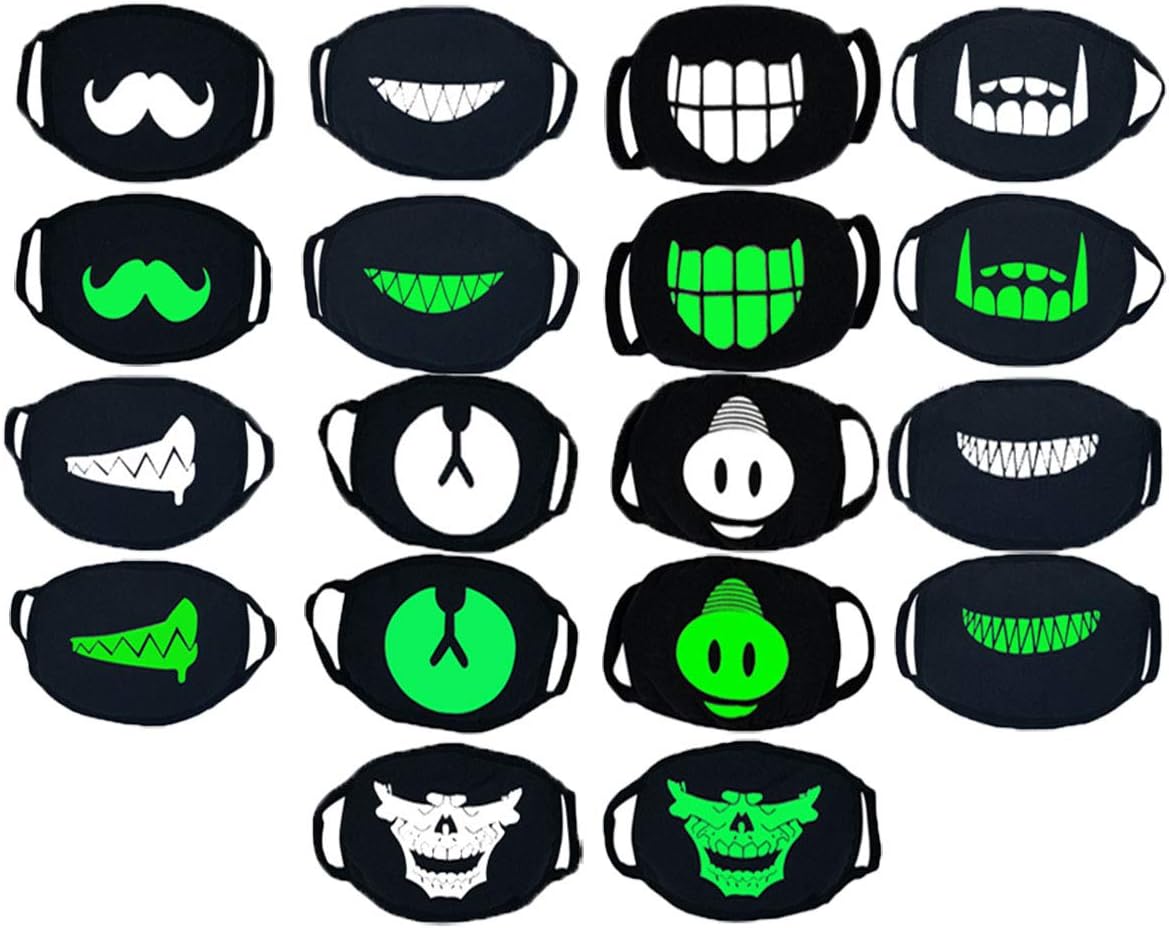 9 Pack Cool Luminous Unisex Cotton Blend Anti-Dust Face Mouth Mask, Kawaii Muffle Panda Mask Smiley mask Pollen Mask Black for Man, Woman, kids