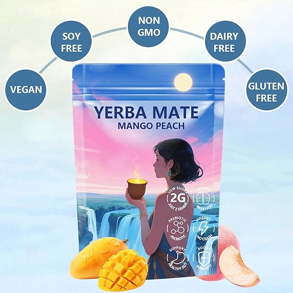 YERBA MATE 3-IN-1 SUPER DRINK TEA POWDER, PROBIOTICS MATCHA, 30 SERVINGS, BRAIN FOG BUSTER ENERGY AND FOCUS SUPPORT (PEACH MANGO)