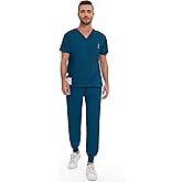 niaahinn Men Scrub Set-Stretch V-Neck Scrub Top & Jogger Pant with 9 Pockets, Yoga Waistband, Anti-Wrinkle Scrubs for Men