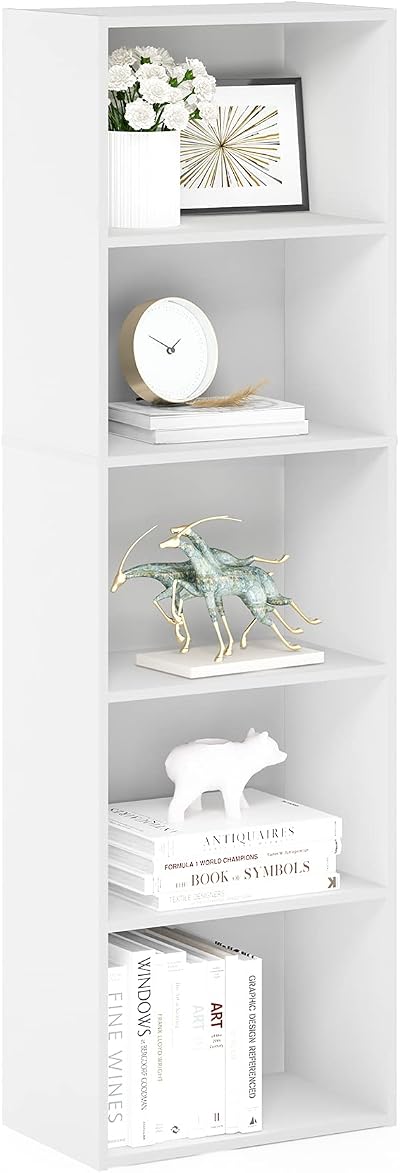 Furinno Luder Bookcase White 5-Tier Small Bookshelf 40.1 W x 132.1 H cm