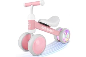 GNAYUIJ Colorful Lighting Baby Balance Bike for 1 Year Old Girl Gifts, 12-24months Kids Toys Toddler 1st Birthday Gifts,No Pedal Infant 4 Wheels Bicycle，Pink