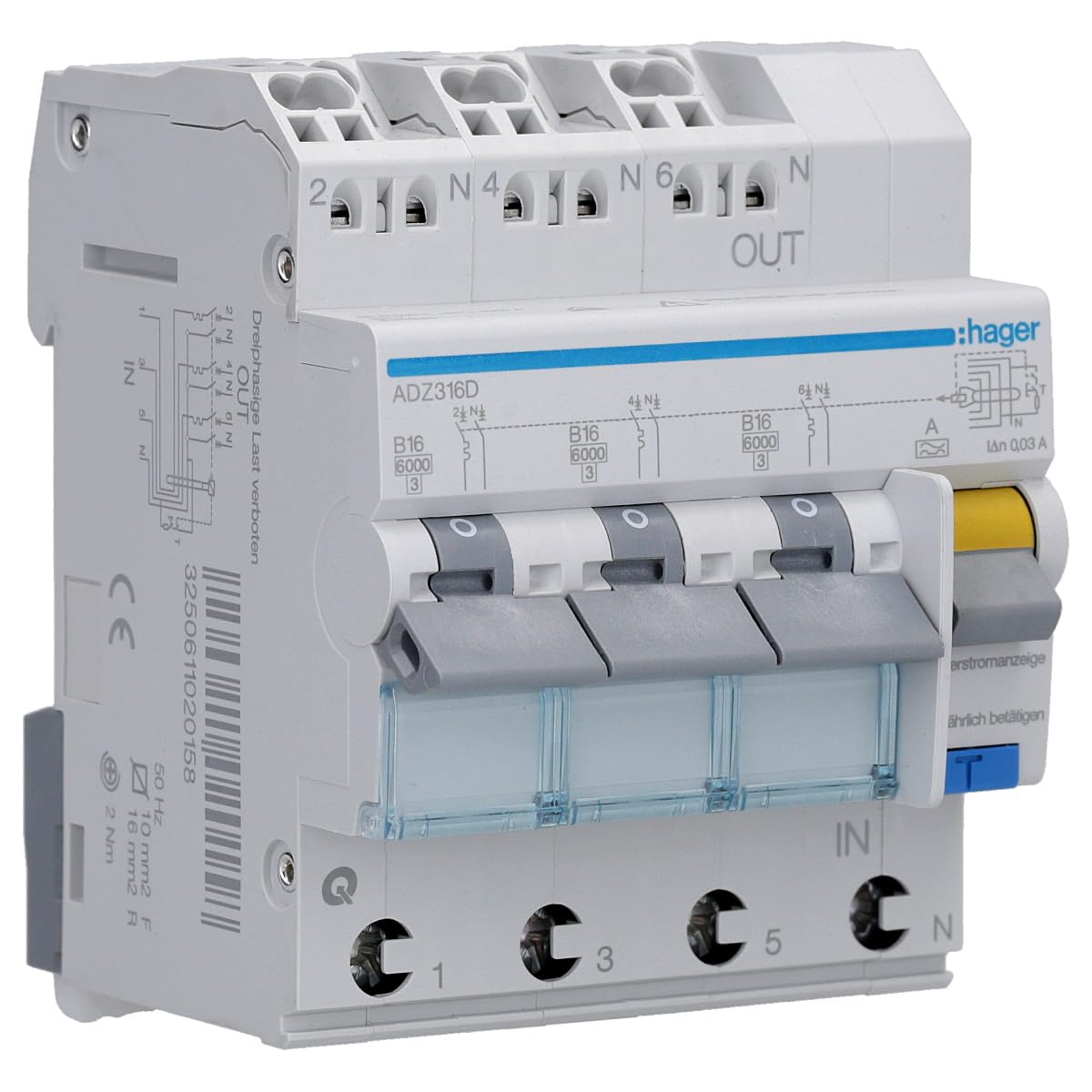 Hager – Fi/LS Switch 3 x 1P + N 6 KA adz316d