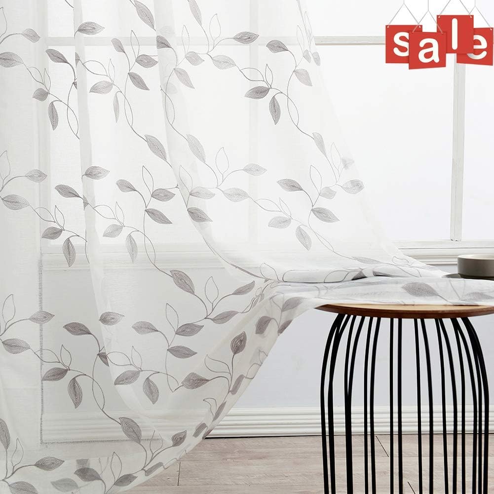 LinTimes Sheer Curtains, Leaf Embroidery Gray Sheer Window Curtains