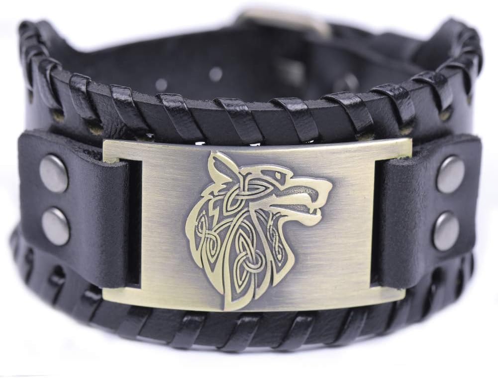 Vintage Nordic Fenrir Viking Wolf Head Scandinavian Talisman Metal Leather Wrist Bracelet