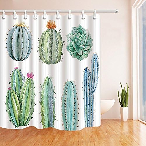 GoEoo Prickly Pear Cactus Decor Watercolor Succulent with Saguaro Cactus Flower Shower Curtains for Bathroom Polyester Fabric Waterproof Bath Curtain Shower Curtain Hooks Included 69X70in