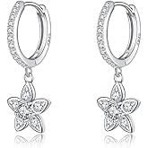 Reffeer Solid 925 Sterling Silver CZ Flower Earrings Dangle for Women Teen Girls Flower Drop Hoop Earrings Huggie