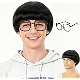 FYXZHUO Men’s Short Black Full Bang Straight Wig with Glasses Bowl Cut Hairstyle Wig for Cosplay Costume Anime Party Halloween