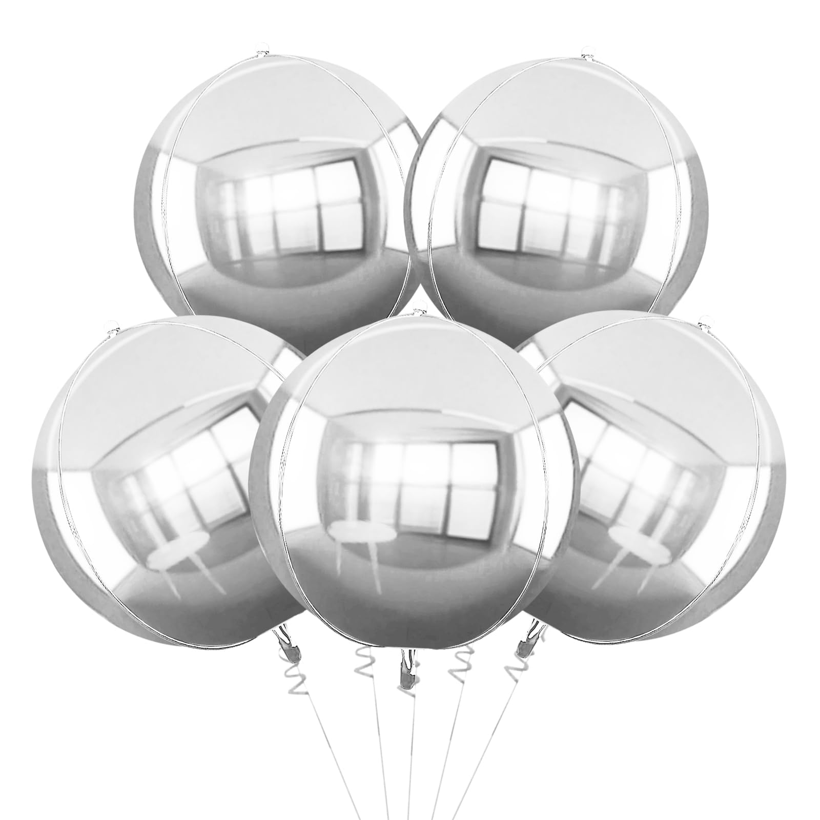 TONIFUL 5pcs Hangable Silver 4D Round Sphere Foil Mylar Balloon 22inch Large Aluminum Balloon Silver Mirror Metallic for Christmas New Year Birthday Party Wedding Bridal Shower Decoration Supplies