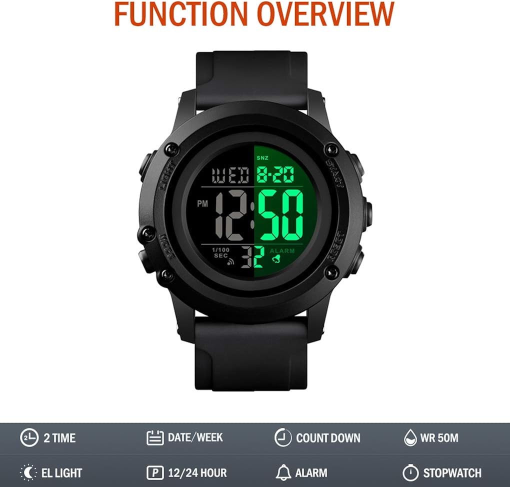 Men's Digital Sports Watch Large Face Waterproof Wrist Watches for Men with Stopwatch Alarm LED Back Light: Watches