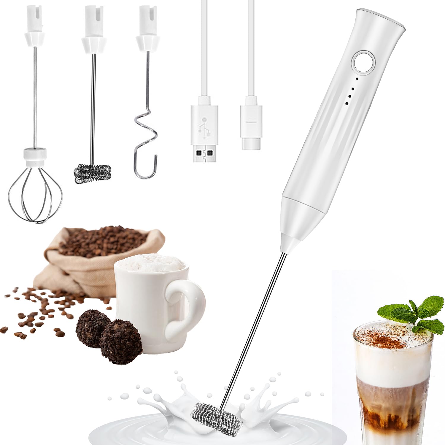 Photo 1 of Rechargeable Milk Frother Wand 3 in 1, Handheld Drink Mixer Electric Whisk Stirrer Coffee Foam Frother with 3 Stainless Steel Whisks, 3 Speeds, USB-C Protein Powder Mixer for Cappuccino, Egg, White