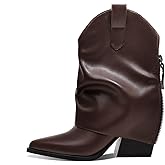 Womens Ankle Fold Over Boots Chunky Mid Heel Booties Retro Pointed Pointed Toe Side Zipper Short Boots Heeled Shoes for Women Fall Winter