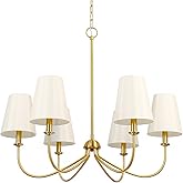 Homebelife Gold Chandelier, Brushed Brass with Beige Fabric Shade, 6-Light 28" Modern Farmhouse Linear Pendant Lighting Fixtu