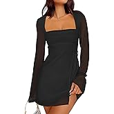Caracilia Womens Sexy Mesh Ruched Mini Dresses Long Sleeve Square Neck Tie Fall Club Party Cocktail Short Dress 2025 Fashion