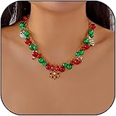 Aonklot Christmas Necklaces for Women Gold Charm Necklace Dangle Bell Bow Tree Snowflake Santa Claus Wreath Candy Cane Red Green Statement Jewelry Gifts Stocking Stuffers