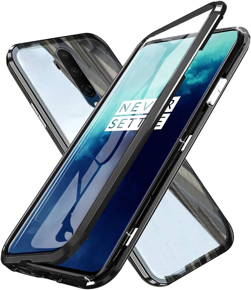 For OnePlus 7T Pro Case, Fullbody Magnetic Adsorption Flip Cover with Tempered Glass One-Piece Design Ultra Slim Metal Bumper Frame and Shockproof Collision Protective Shell - Black