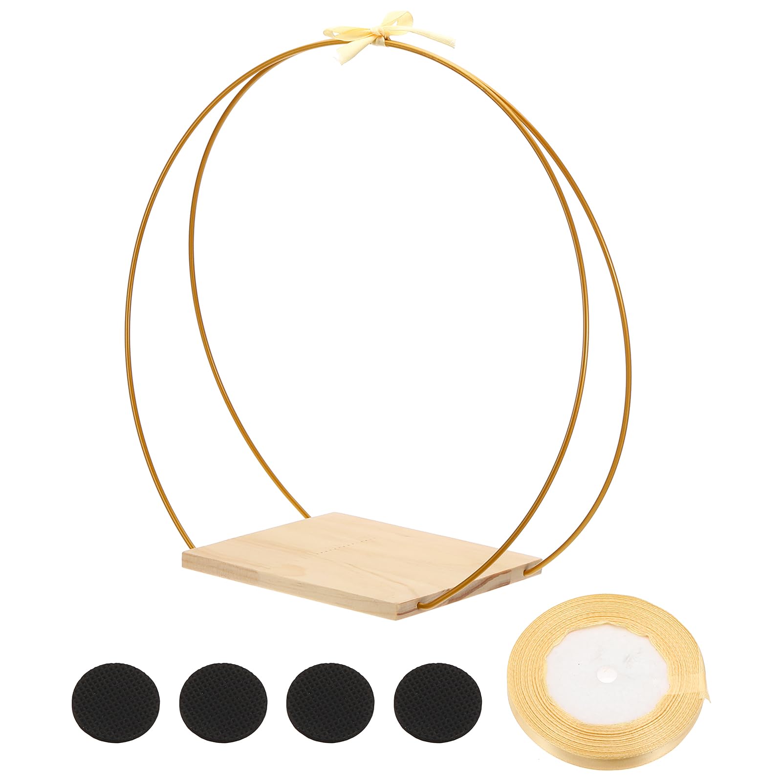 PATIKIL 12 Inch Metal Floral Hoop Centerpiece with Stand, 1 Set Round Dream Catcher Rings with Golden Ribbon for Wedding Table Wreath Decor DIY Crafts, Gold