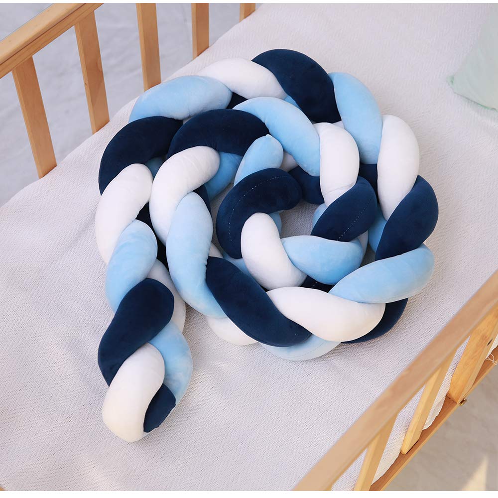 Lion Paw Crib Bed Bumper Pillow Cushion 78.7in Crib Sides Protector Infant Cot Rails Newborn Gift Knotted Braided Plush Nursery Cradle Decor (White-Blue-Dark Blue 78.7in) : Baby