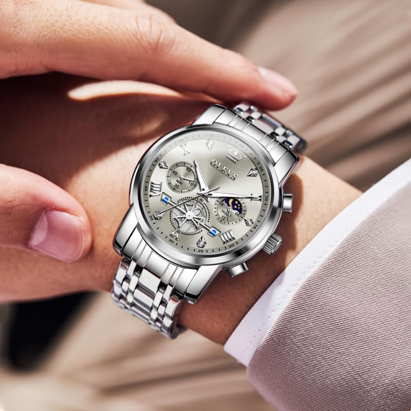 OLEVS Men Silver Watches,Men's Stainless Steel Chronograph Watch,Man Analog Quartz Big Face Male Watches Luxury Waterproof Roman Numeral Dress Diamond Relojes para Hombre