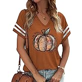 Fall Halloween Thanksgiving V Neck Shirt for Women Funny Pumpkin Graphic Stripe Short Sleeve Tops