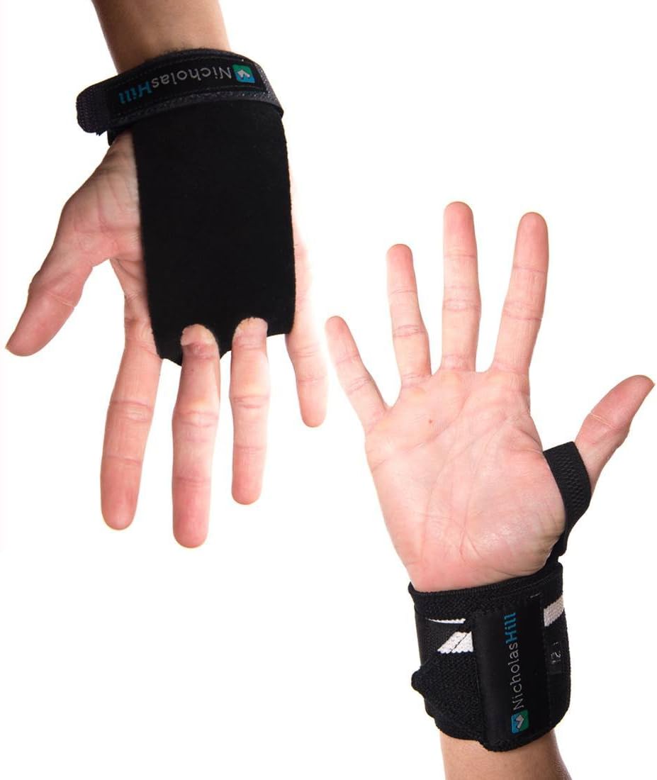 Nicholas Hill Leather Hand Grips and Wrist Straps for Crossfit, Cross Training, Wod, Kettleball, Power Lifting, Gymnastics (Large)
