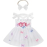 IDOPIP Butterfly 1st Birthday Outfit for Baby Girls Embroidery One Romper Smocked Tutu Dress with Headband Cake Smash Clothes