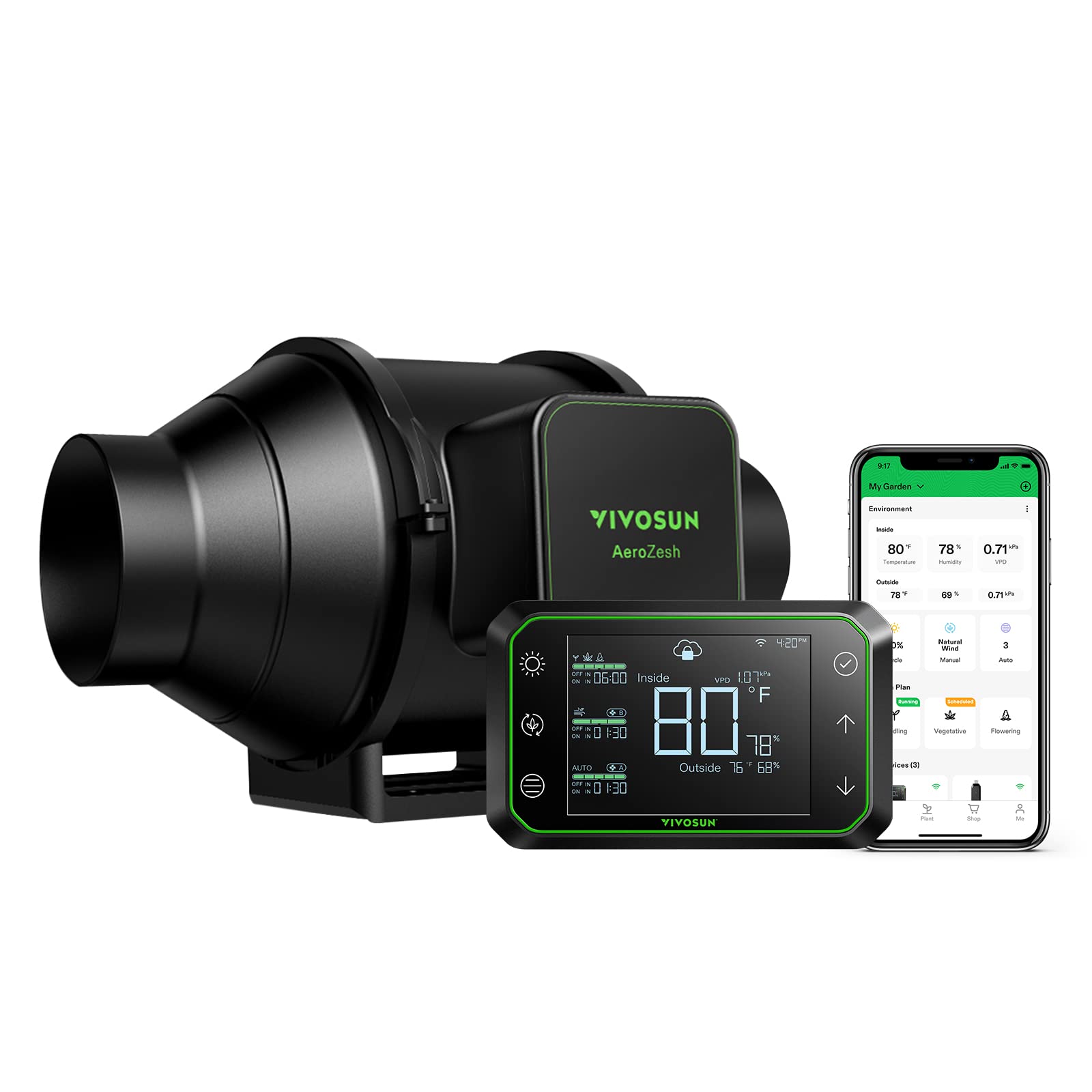 Photo 1 of VIVOSUN AeroZesh S4 Inline Duct Fan, Quiet 4" 208 CFM Ventilation Exhaust Fan w/EC Motor and GrowHub E42A Temperature Humidity WiFi-Controller - for Heating Cooling Booster, Grow Tents, Hydroponics