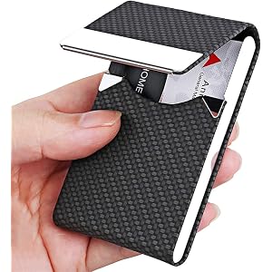 Black Slim PU Leather Business Card Holder with Snap Closure Metal Pocket Card Case for Travel Everyday Carry Hands Free