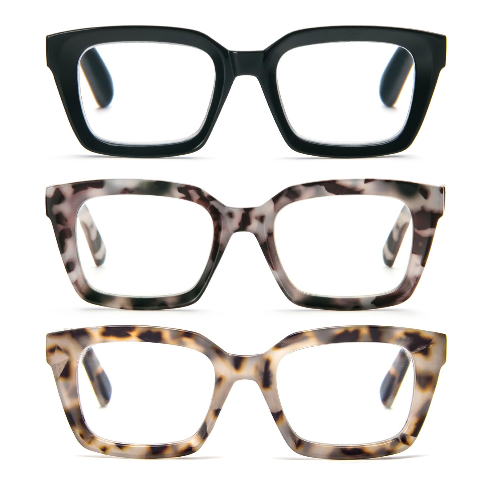 MMOWW 3-Pack Oversized Reading Glasses for Women - Anti Blue Light Glasses with Square Frame +2.0
