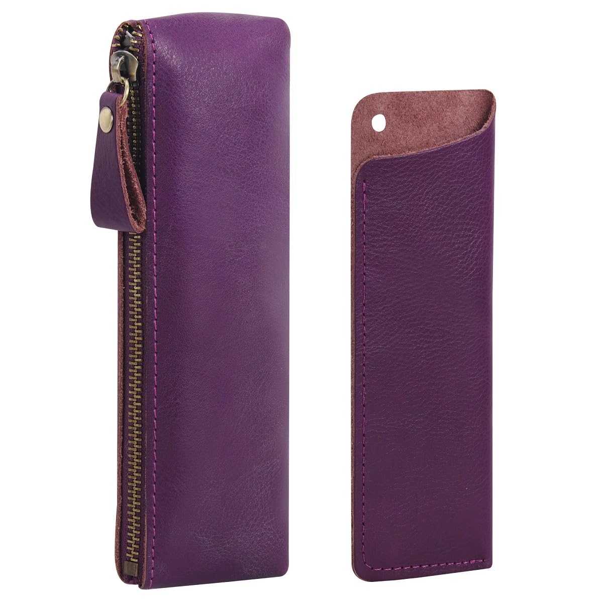 WONDERPOOL Leather 1pc Pencil Case & 1pc Fountain Pen Holder - Portable Compact Drawing Marker Pen Stationery Pouches for School Office Travel Organizer (Purple)