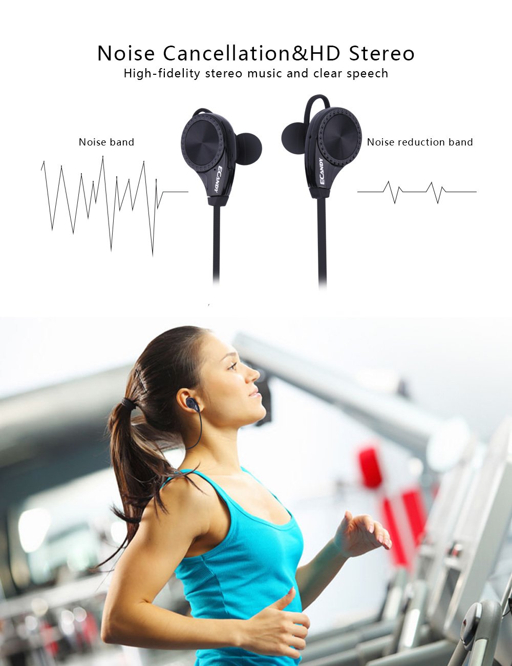 Ecandy Wireless Bluetooth Headphones with Mic for Running, Sweatproof Earphones,Noise Cancelling Headsets - Black