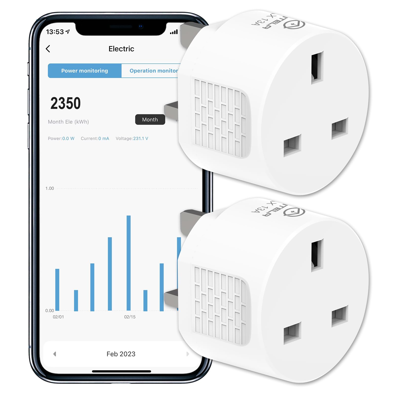 ANTELA Smart Plug with Energy Monitoring, 2,4GHz WiFi Plug, Smart Life APP Wireless Remote Control with Timer Function, Compatible with Alexa and Google Home, 13A (2 Packs)