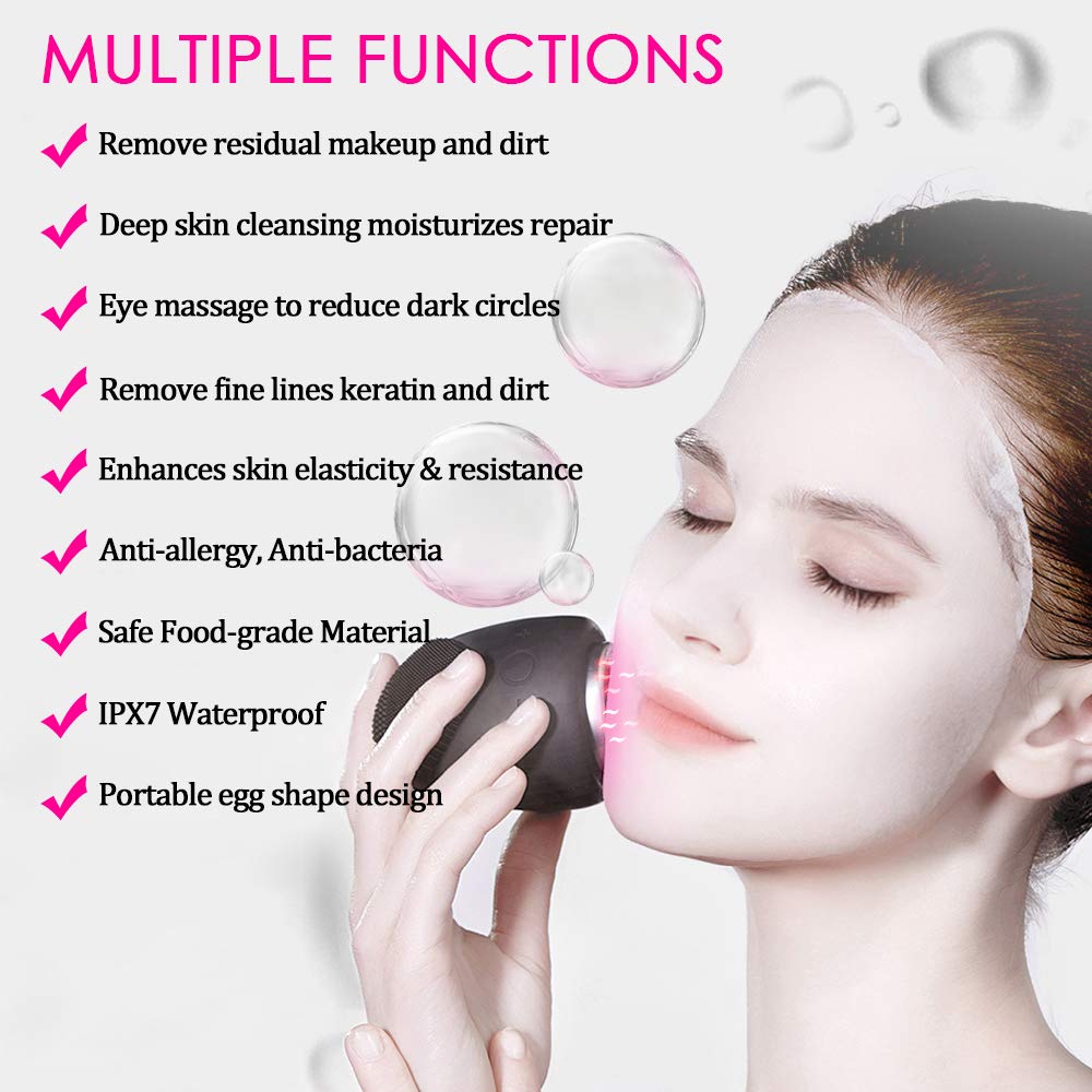 5 in 1 Facial Cleansing Brush Waterproof Rechargeable Mini Silicone Massager for Deep Face Cleansing Reducing Blackhead Acne Anti-Aging Exfoliating Phototherapy Beauty Instrument(black)