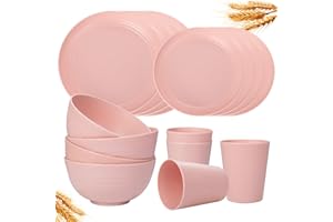 Rubtlamp 16Pcs Plastic Wheat Straw Dinnerware Set, Reusable Plastic Plate Set for 4, Kitchen Plates And Bowls Set (Pink) Include Dinner Platos, Dessert Platos, Cereal Bowls, Cups for Daily, Camping