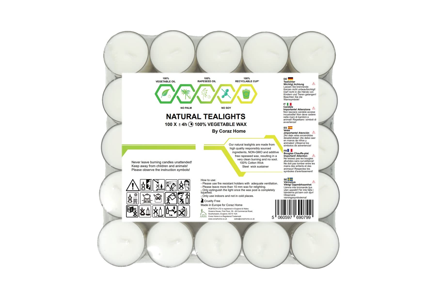 Coraz Home - Natural Unscented 100 Tealights 100% Rapeseed Wax Paraffin-Free Candles in Recyclable Clear Cup Natural Wax Tea Lights