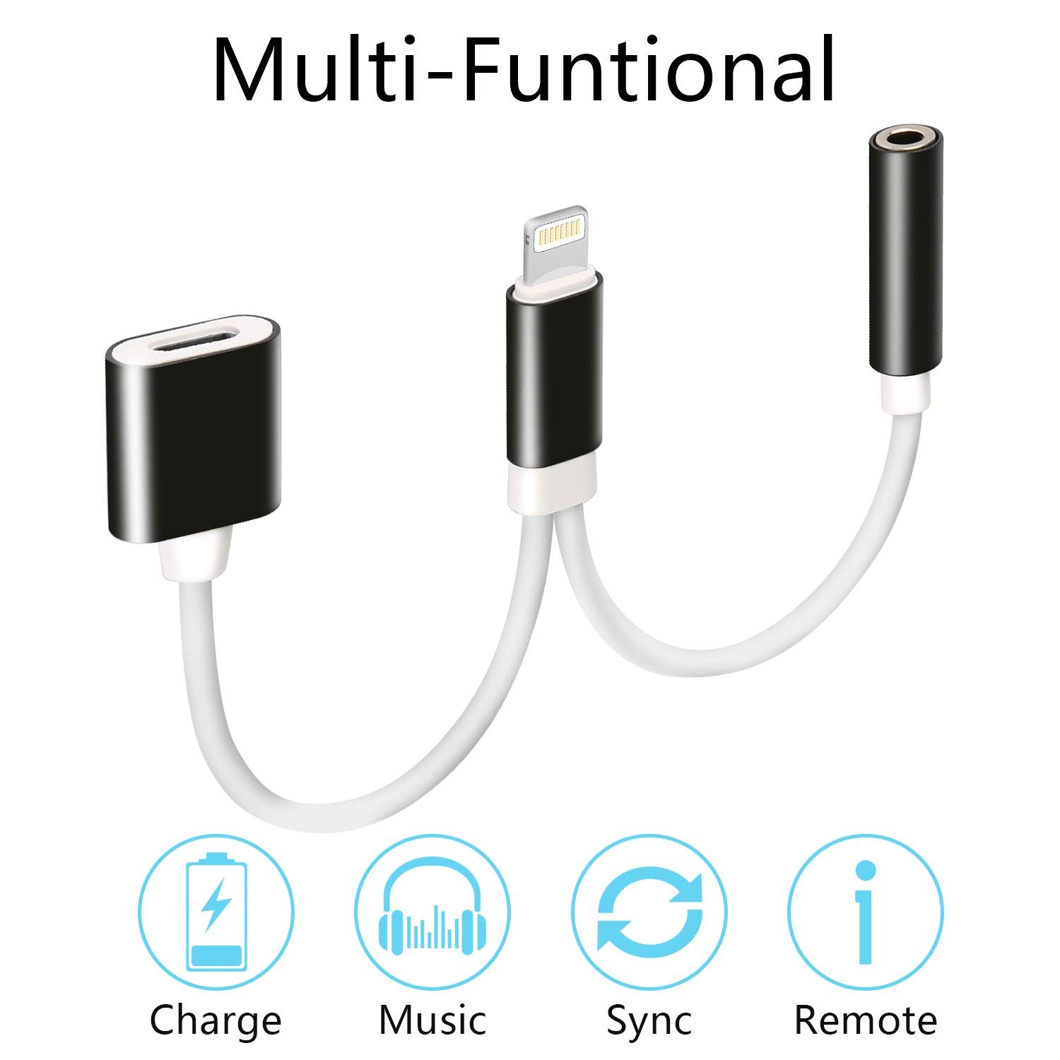 Twinkk 2 in 1 Audio&Charge Headphone Adapter Compatible with iPhone Xs Max/XS/XR/X/8/7 and More Compatible with iOS 10.3/11 or Later (Black)