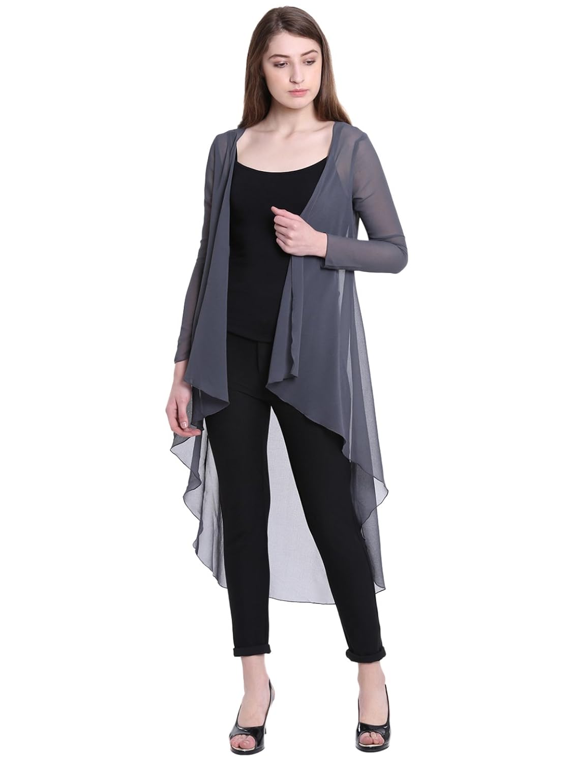 gj couture women's georgette grey solid full sleeves regular shrug