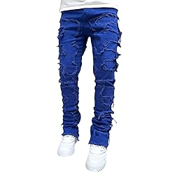 Kodaruber Mens Stacked Jeans Slim Fit Ripped Skinny