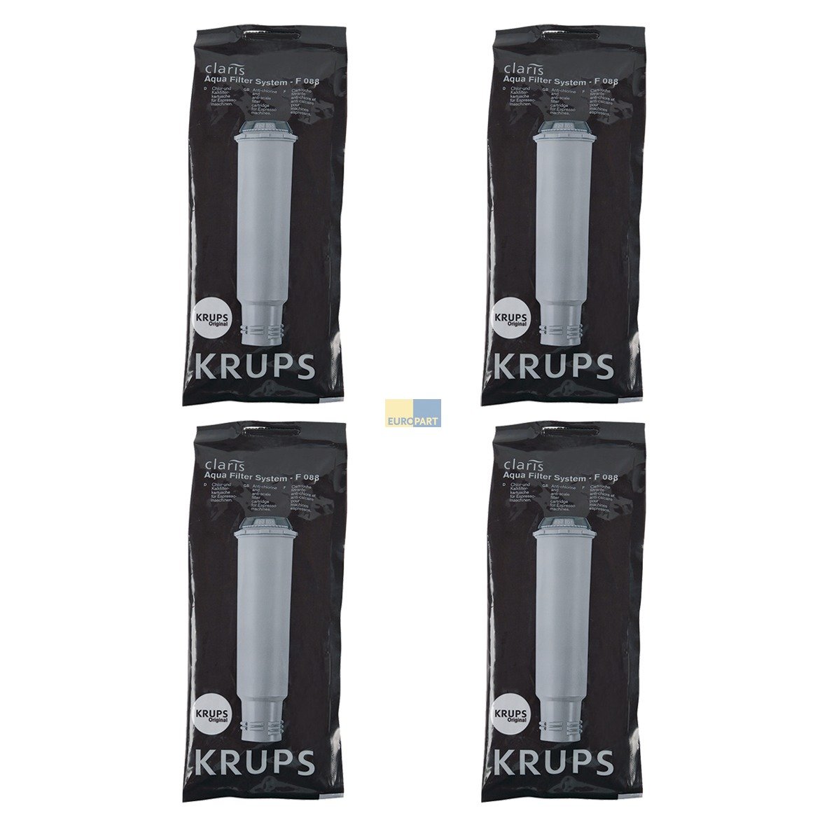 Krups Water Filter Cartridge F088, Pack of 4 - Reduces Limescale and Mineral Deposits, Improves Water Quality, Prolongs Machine Life