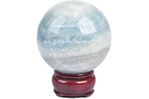 JIC Gem Natural Trolleite Crystal Ball Sphere Blue Healing Crystal Gemstone Ball with Display Stand Home Decor Meditation Grid Energy Balance (50-60mm)