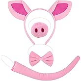 4 Pieces Pig Costume Accessories Set – Plush Pig Ears Headband, Nose, Bow Tie, and Curly Tail for Kids and Adults, Farm Animal Party, Halloween Dress-Up, School Plays, and Role Play Events