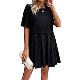 SOMTHRON Women's Oversized Sweatshirt Dress Patchwork Crewneck Short Sleeve Pullover Tops Flowy Pleated Sweatshirt Mini Dress