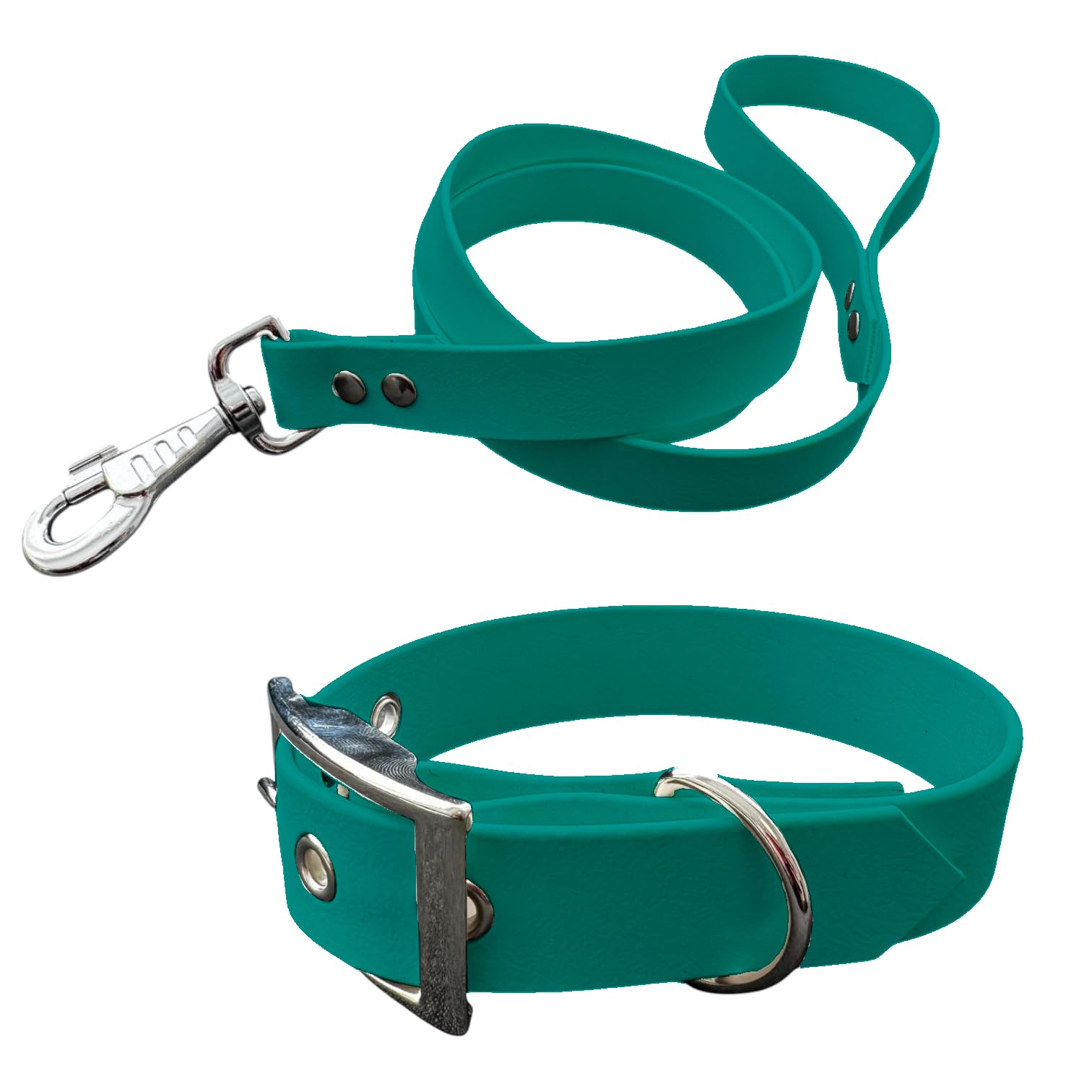L'Atelier du Fourmilier Dog Collar and Leash in BioThane material, Medium Width (35-40 cm, Teal)