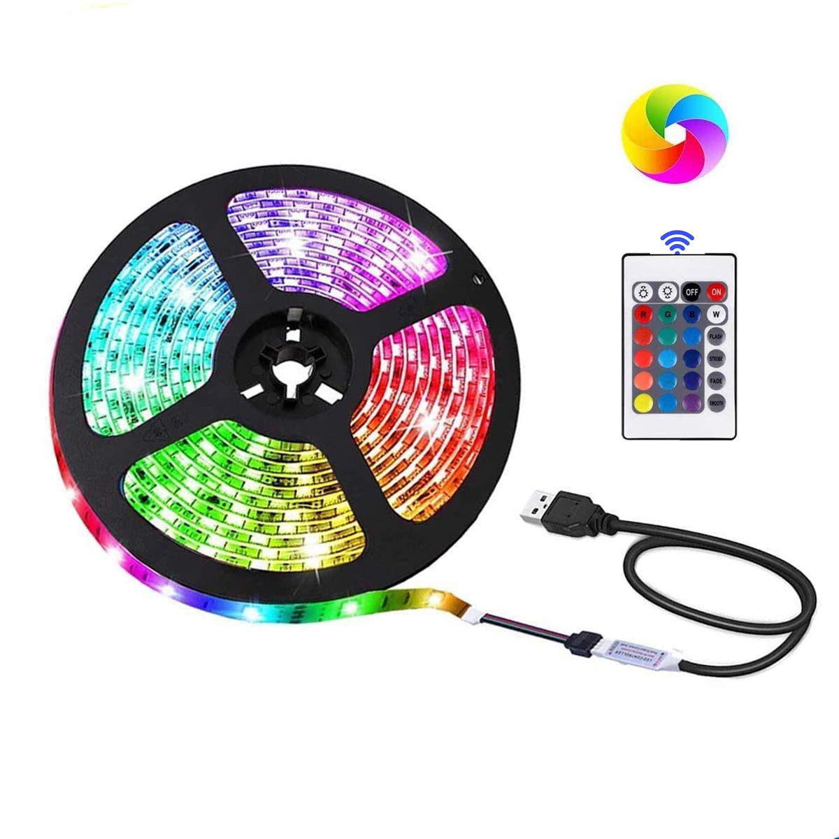 NA LED Strip Lights USB Powered， SMD 5050RGB Colour Changing Lighting Strip with 24 Keys Remote Control ，DIY TV Backlight，Indoor Decoration (3.28 feet)