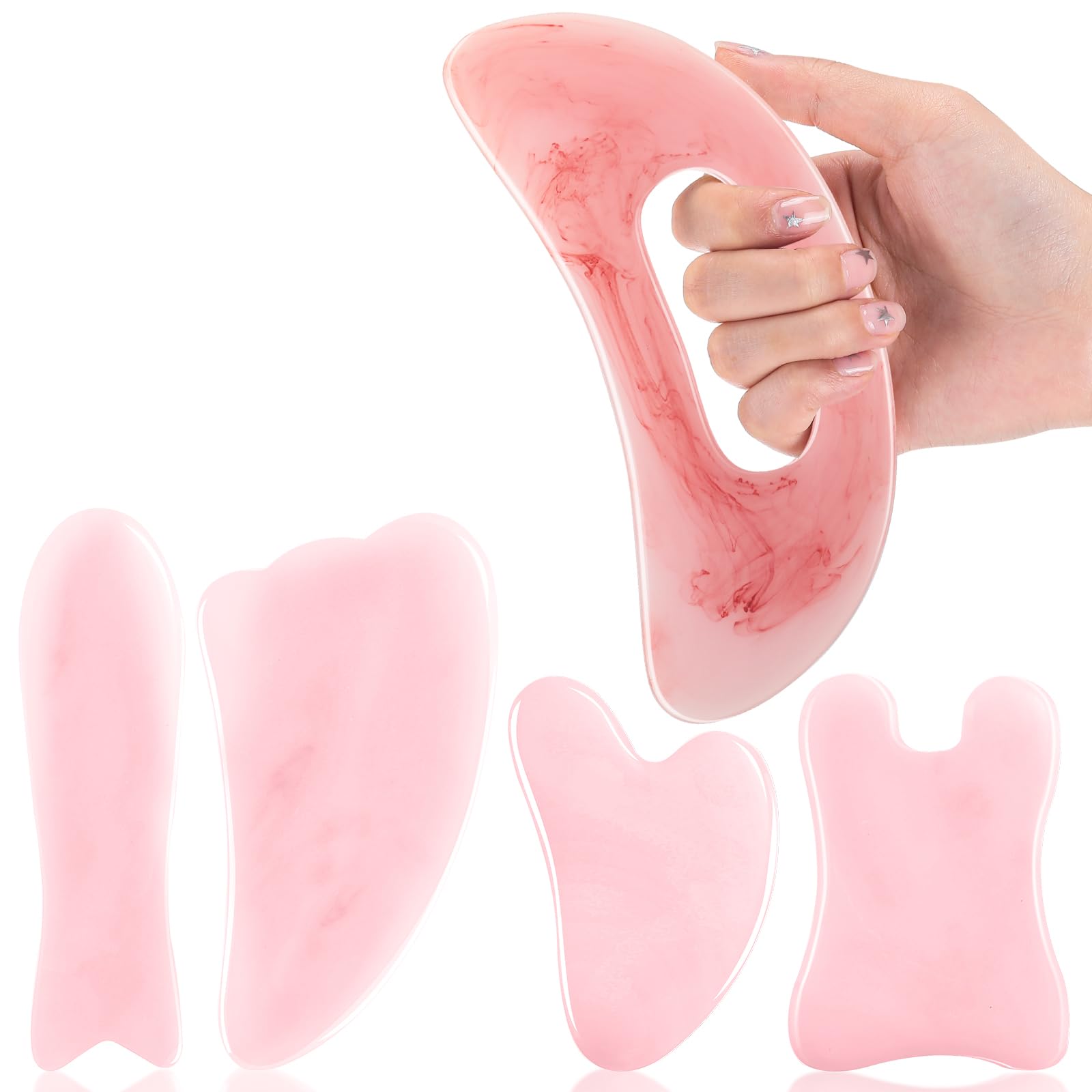 Photo 1 of Treela 5 Pcs Gua Sha Facial Tools Set and 1 Pcs Body Gua Sha Massage Tool with Handle for Face Back Neck Leg Body Scraping Massage Board Guasha Comb(Jade, Resin,Pink)