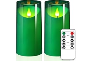 NURADA 3"x6"Flickering Flameless Candles: 3D Wick Acrylic Battery Operated LED Pillar Candles with Remote and Timer for St. Patrick's Day Home Holiday Forest Christmas Party Table Decor - Green