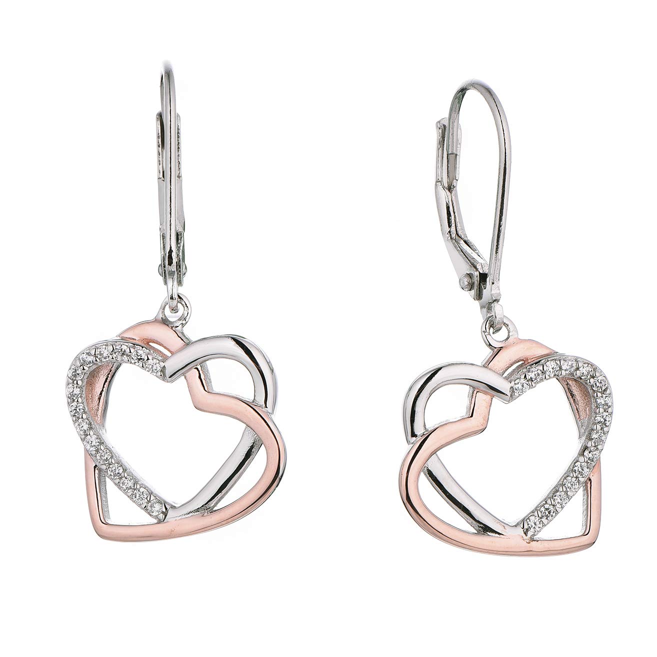 JO WISDOM Women Heart Earrings,925 Sterling Silver Leverback Dangle & Drop Earrings in Two Tone, with Rose Gold and White Gold Plated